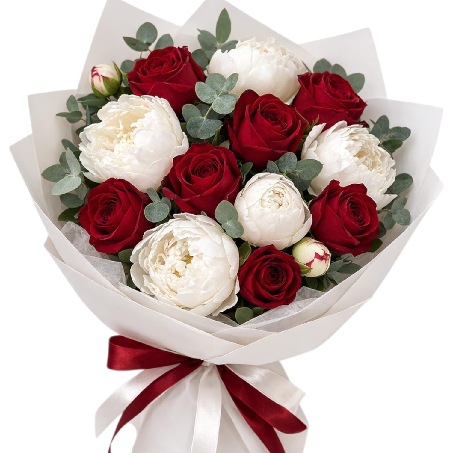 זר אהבה אדום-לבן עם פיונים (אדמוניות)