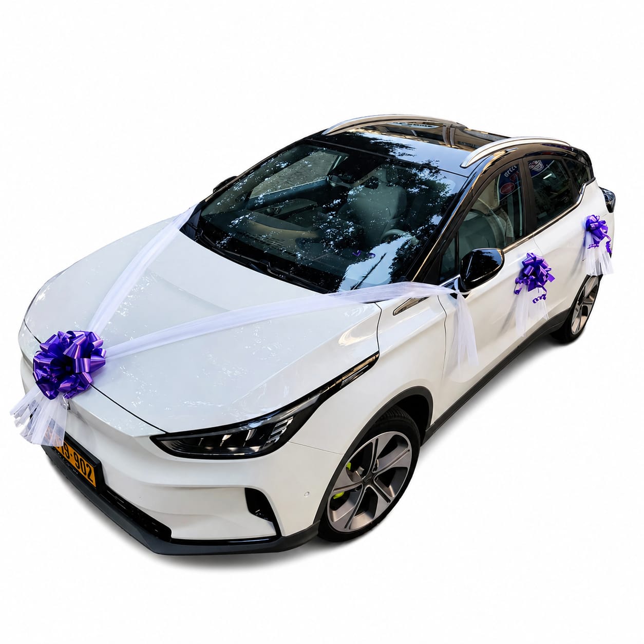 קישוט רכב לחתונה לבן סגול